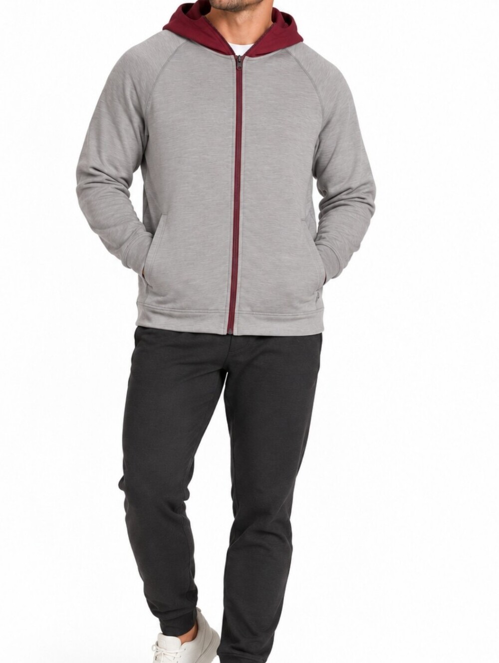Men's Lululemon large dark grey w burgundy accent hooded zip up w front pockets